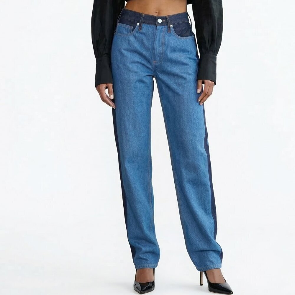 FRAME Le Jane Contrast Patchwork Straight Leg Jeans Indigo Assemble Blue 26 NWT